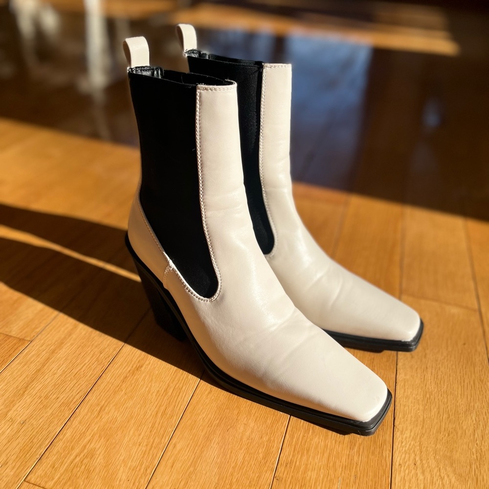 Size 8.5 faux leather white and black heel boots , PrettyLittleThing